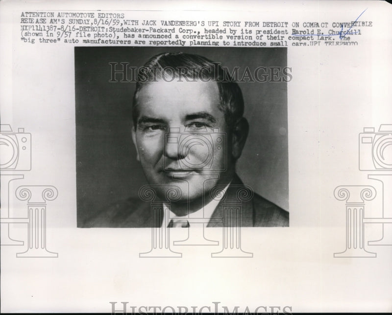 Load image into Gallery viewer, 1959 Press Photo Harold E. Churchill announced a convertible compact Lark.
