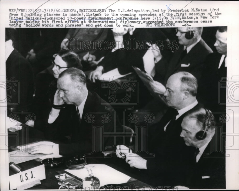 1960 Press Photo Geneva Switzerland U.S. Delegation Frederick M. Eaton disarment