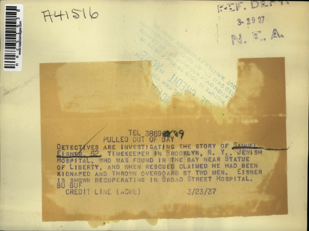 1937 Press Photo Samuel Elsner found in Statue of Liberty rescued from kidnapped