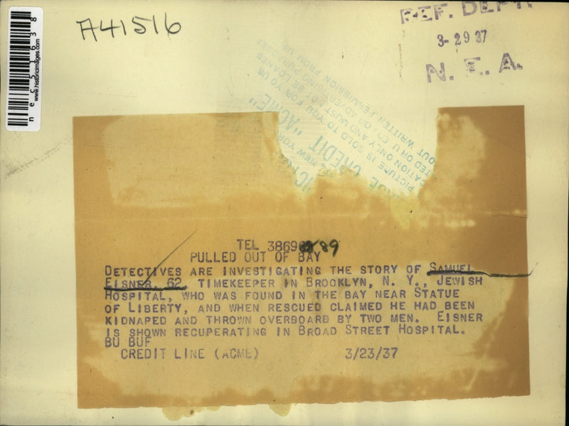 Load image into Gallery viewer, 1937 Press Photo Samuel Elsner found in Statue of Liberty rescued from kidnapped
