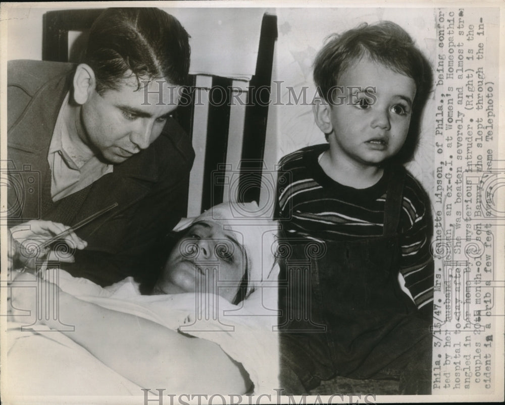 1947 Press Photo Mrs. Jeanette Lipson Beaten By Intruder as Son Barry Slept
