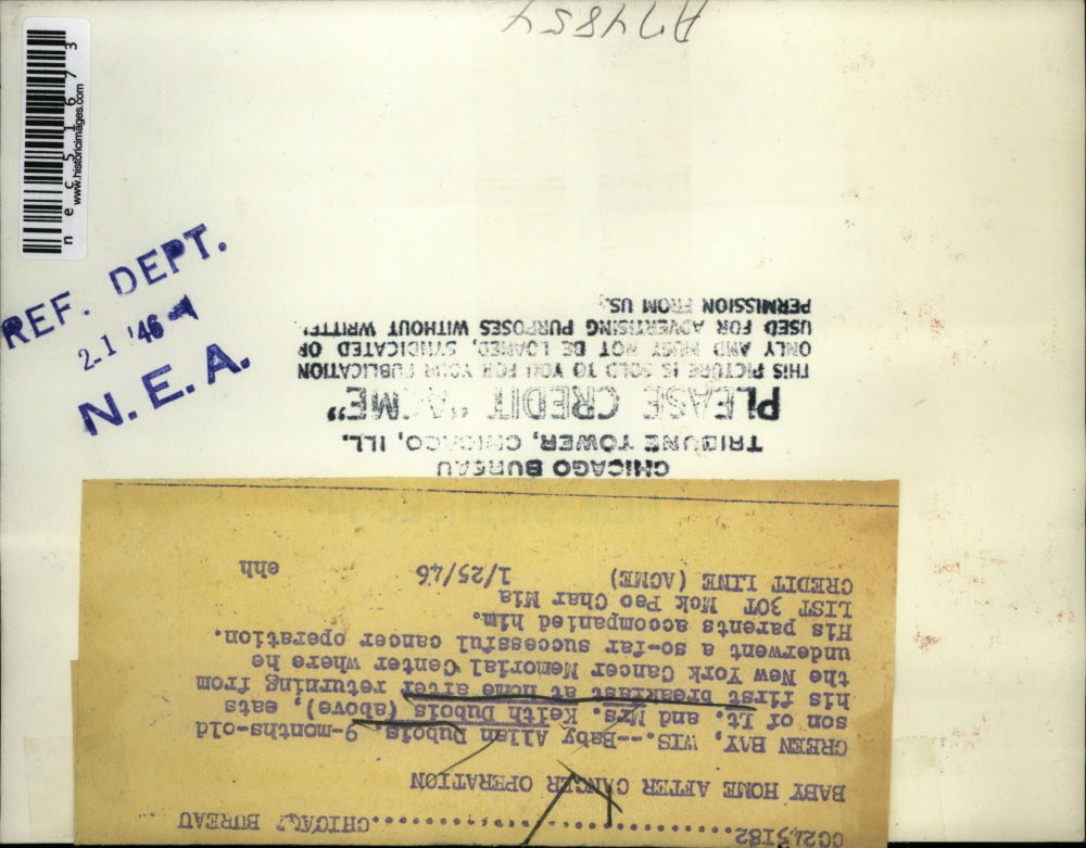 1946 Press Photo Green Bay, Wis Lt & Mrs keith Cubois & son Allan, cancer op