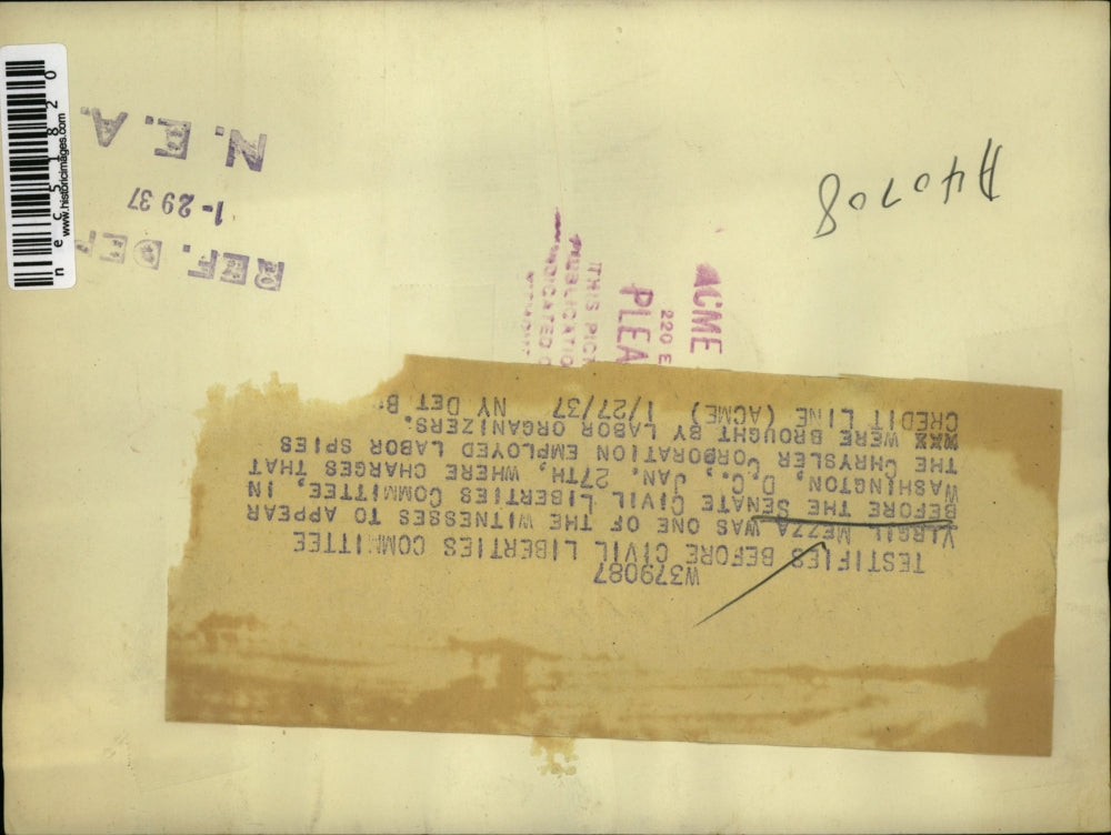 1937 Press Photo Virgil Mezza Testifies Before Senate Civil Liberties Panel