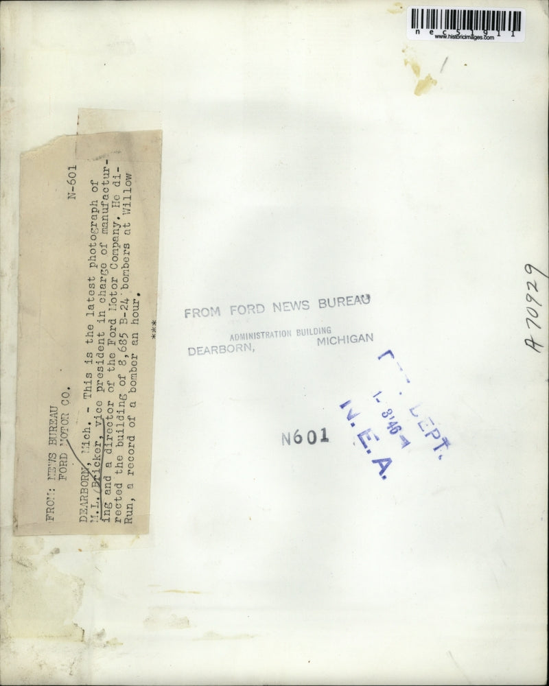 1946 Press Photo ML Bricker Forc Company Manufacturing Vice President