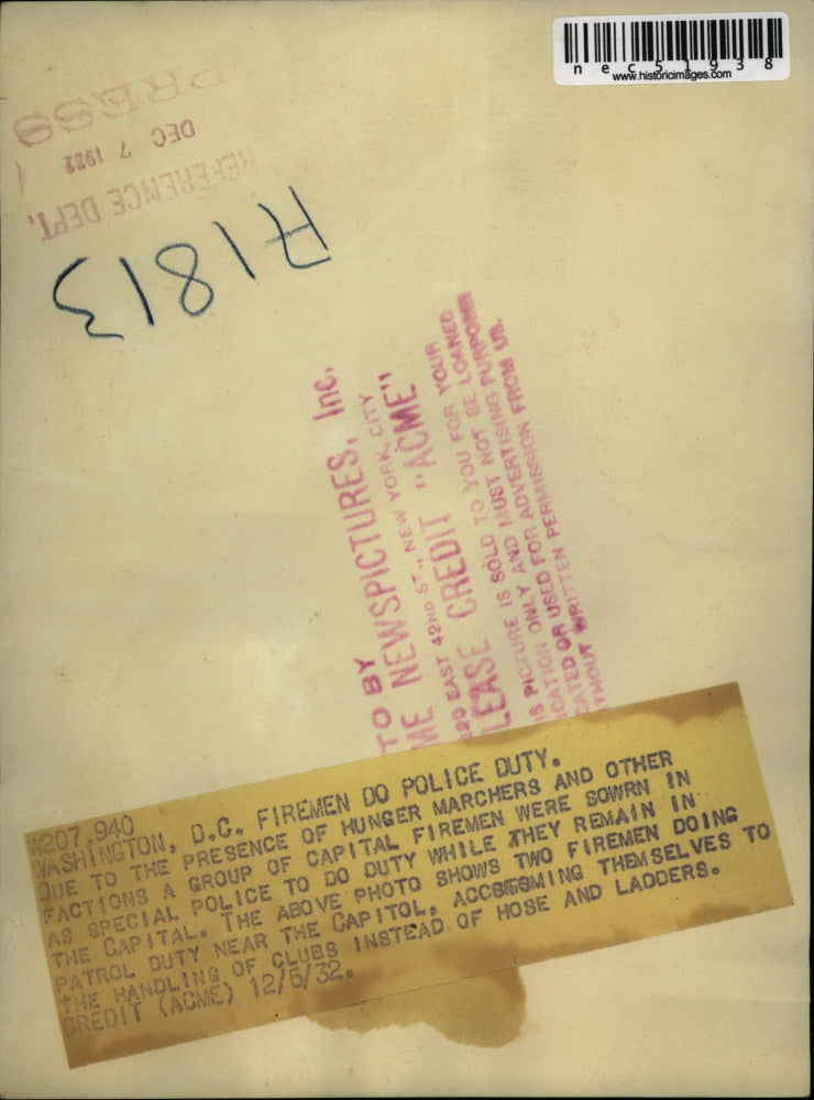 1932 Press Photo Capital Firemen Patrol Amidst Great Depression Hunger Marchers