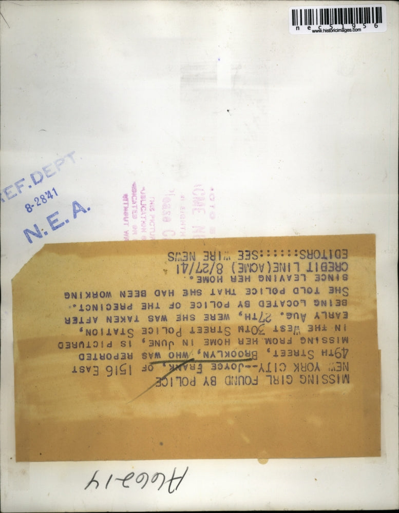 1941 Press Photo Joyce Frank Reported Missing in West 30th Street Police Station