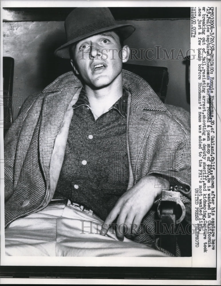 1958 Press Photo Robber Ronnie Rhonemus captured in Oakland- Historic Images