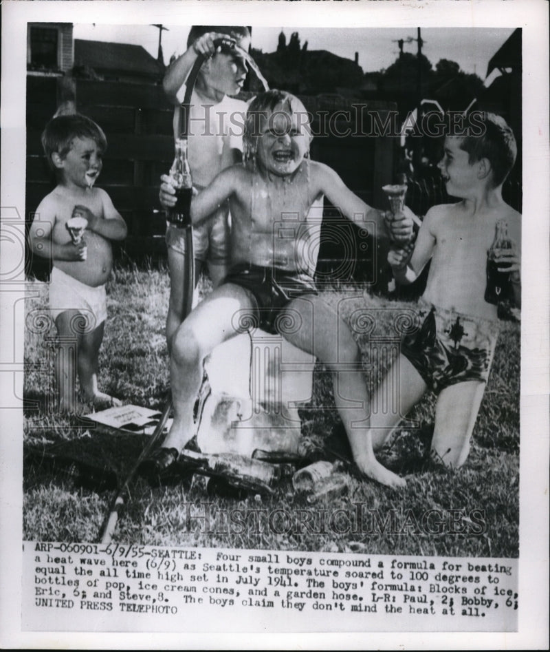 Load image into Gallery viewer, 1955 Press Photo Boys Playing in Water from Garden Hose, 100 Degrees in Seattle

