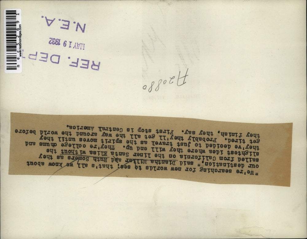 1932 Press Photo Diantha Miller & Ruth Somers sailed from California on a liner