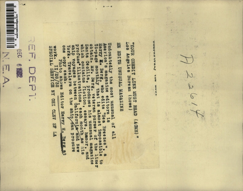 Load image into Gallery viewer, 1932 Press Photo Editor Harry H. Berg at work.
