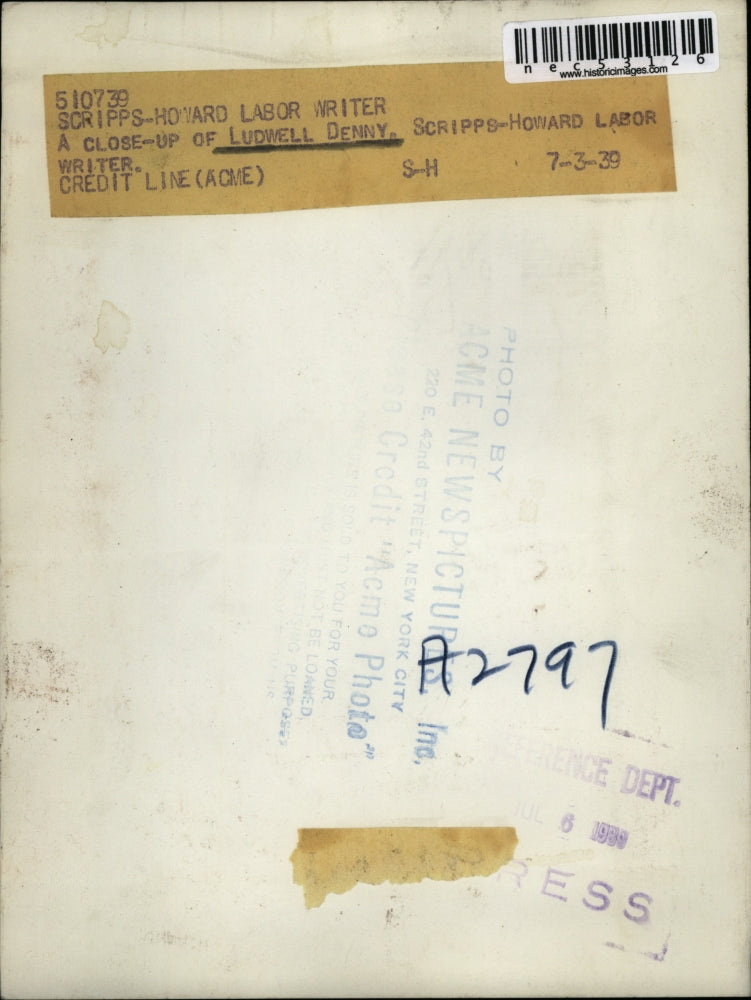 1939 Press Photo Close-up of Ludwell Denny, Scripps Howard Labor Writer