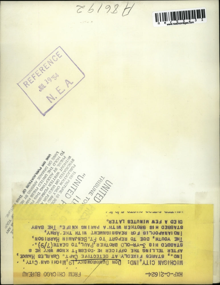 Load image into Gallery viewer, 1954 Press Photo Don Dombrowsky Michigan City, Stabs Three Year Old Brother
