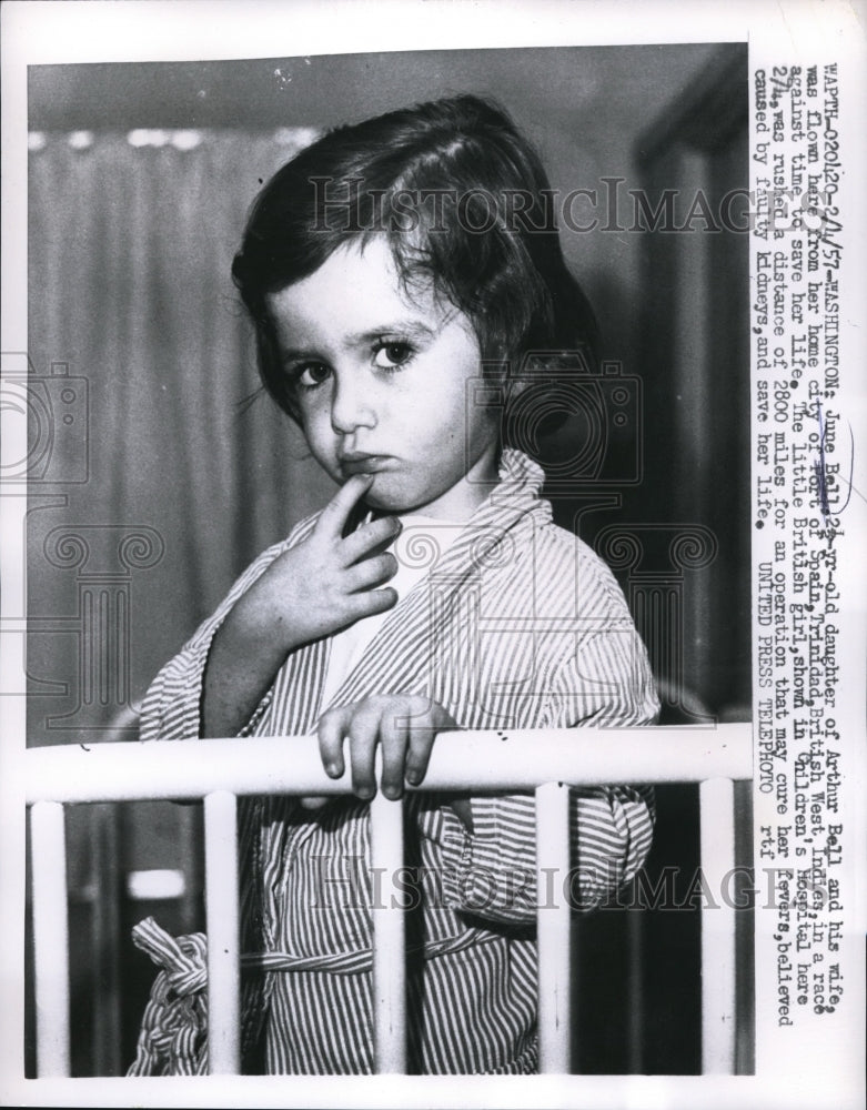 1957 Press Photo Toddler June Bell Cute Faulty Kidney Patient In Hospital