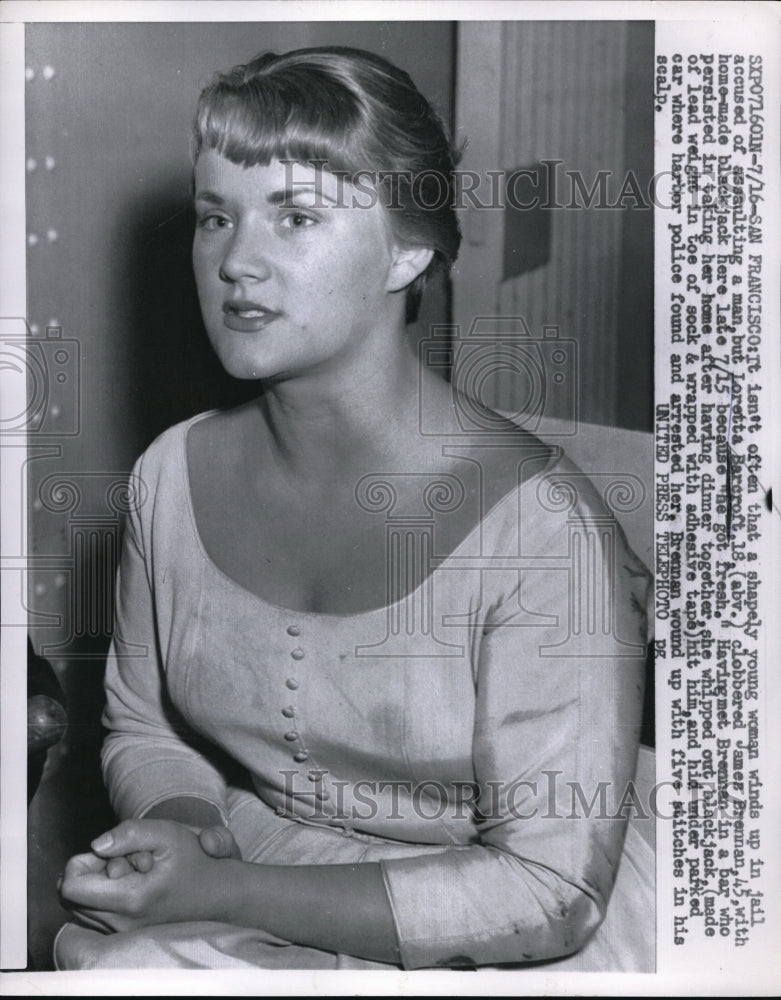 1957 Press Photo Loretta Barcroft accused of assaulting James Brennan