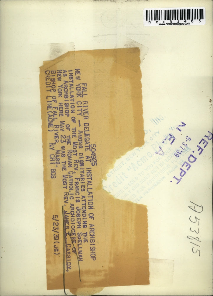 1939 Press Photo The Most Reverend James Cassidy, Bishop of Fall River, M.A.