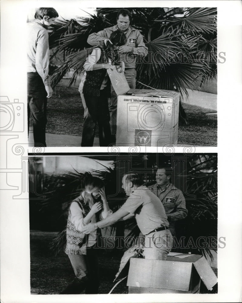 Load image into Gallery viewer, 1971 Press Photo Mrs. Darlene Mosey was suprised by his husband Kenneth Mosey.
