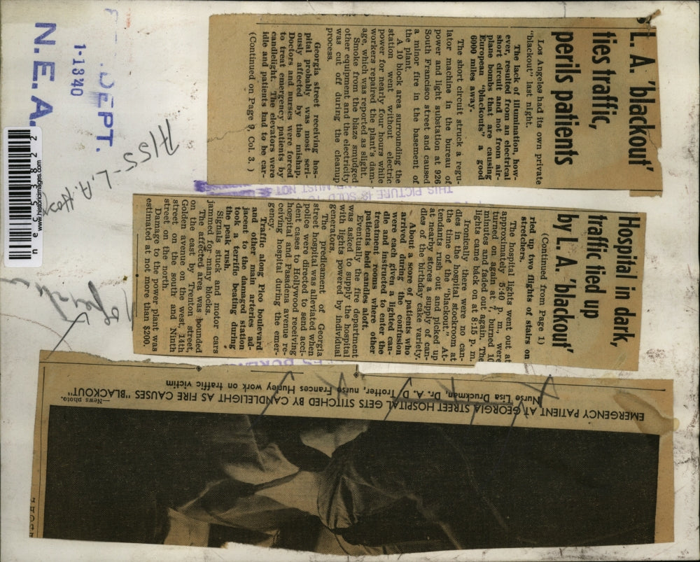 1940 Press Photo LA, Calif. Dr & emergency room patient in ER during blackout