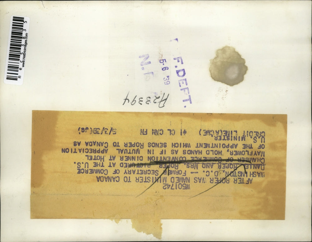 1939 Press Photo Wahington D.C. Mr & ,Mrs Daniel Roper sends to Canada US