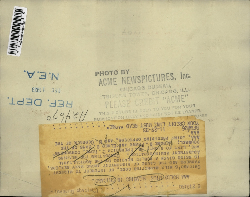 1933 Press Photo Chicago Milk hearing, Dr FC Howe,JN Frank, ED Hays, M Derrick