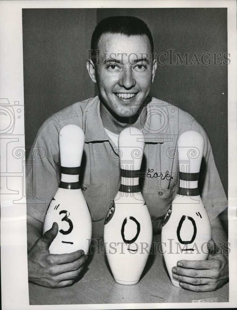 Load image into Gallery viewer, 1961 Press Photo Robert Degraff playing bowling during the 58th American bowling
