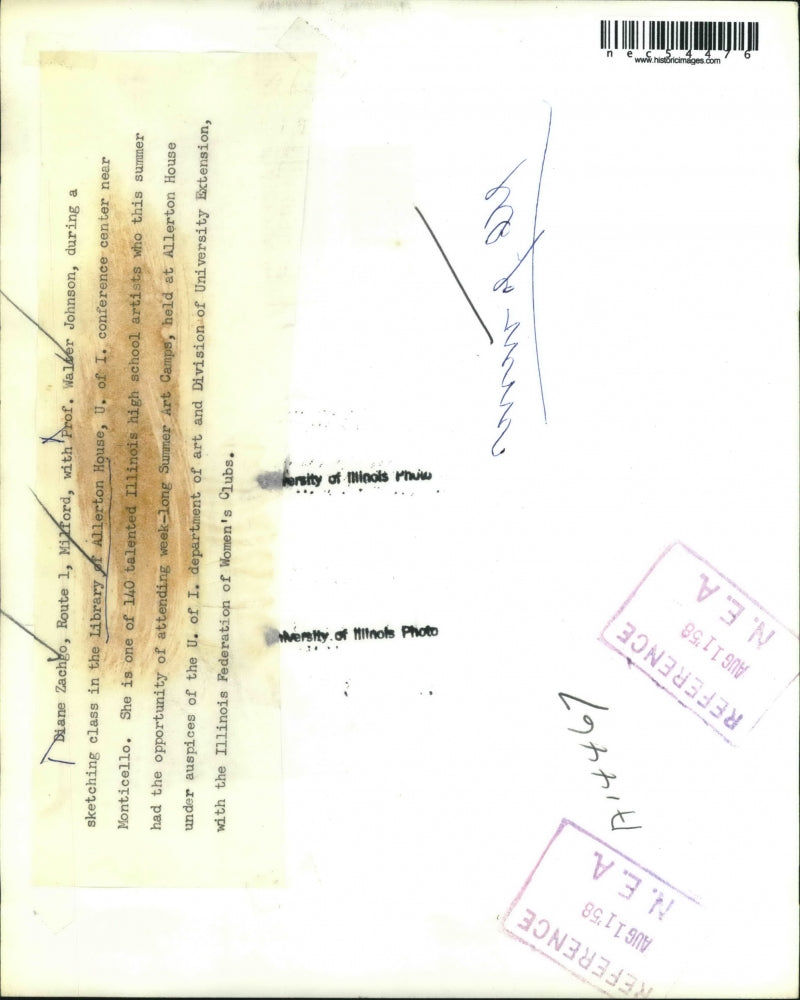 1958 Press Photo Diane Zachago, Prof Walter Johnson, art class at U of I. conf.