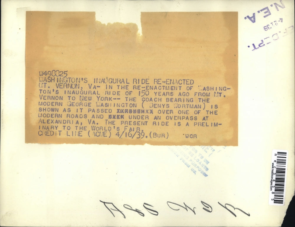 1939 Press Photo Washington Inaugural Journey Re-Enactment