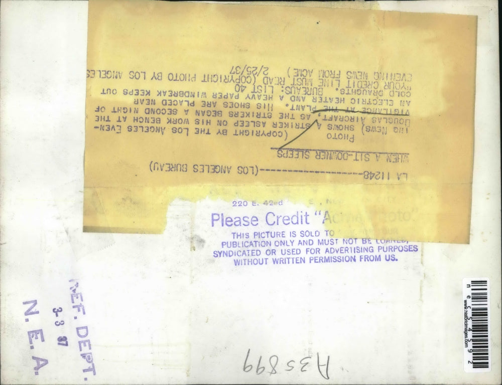 1937 Press Photo Striker Asleep at Workbench at Douglas Aircraft