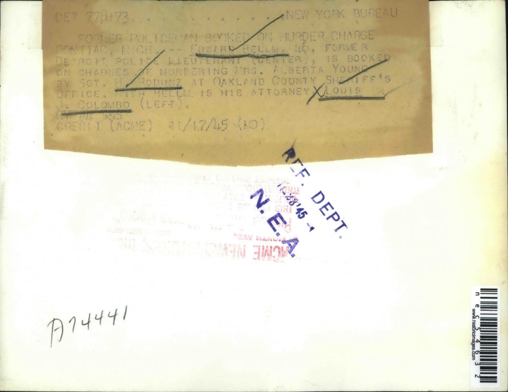 1945 Press Photo Edward Bellm, Former Detroit Officer Booked on Murder Charges