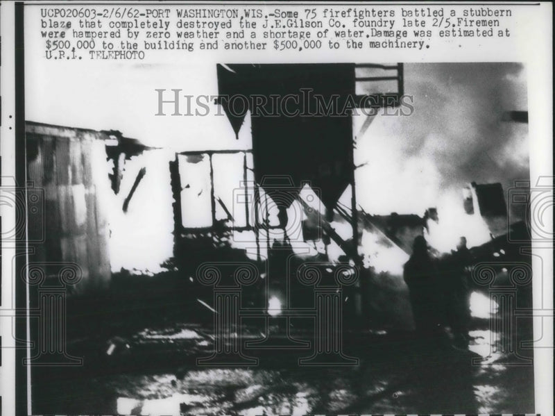 Load image into Gallery viewer, 1962 Press Photo Firemen battle blaze at JE Gilson Co, Port Washington, Wis
