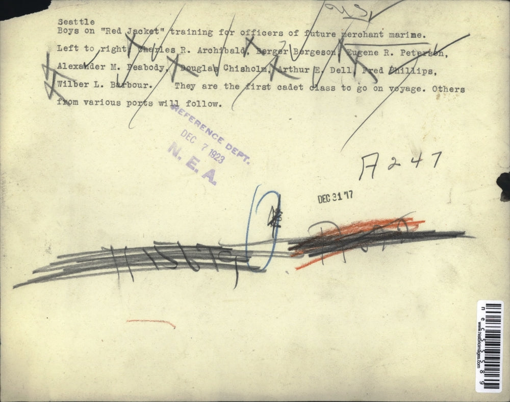 1923 Press Photo Boys on Red Jacket training for Merchant Marines L to R are