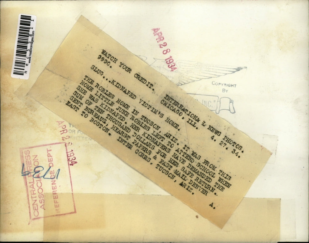 1934 Press Photo Robles home in Tuscon, Ariz, young girl kidnapped from home