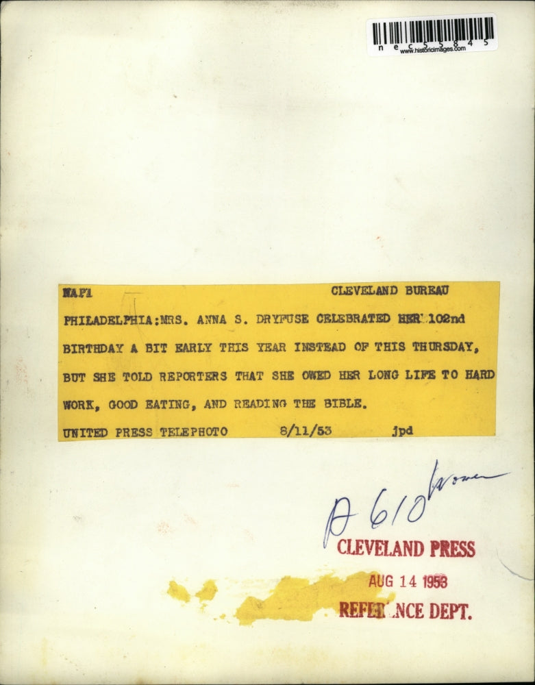 1953 Press Photo Mrs. Anna Dryfuse Celebrates 102nd Birthday