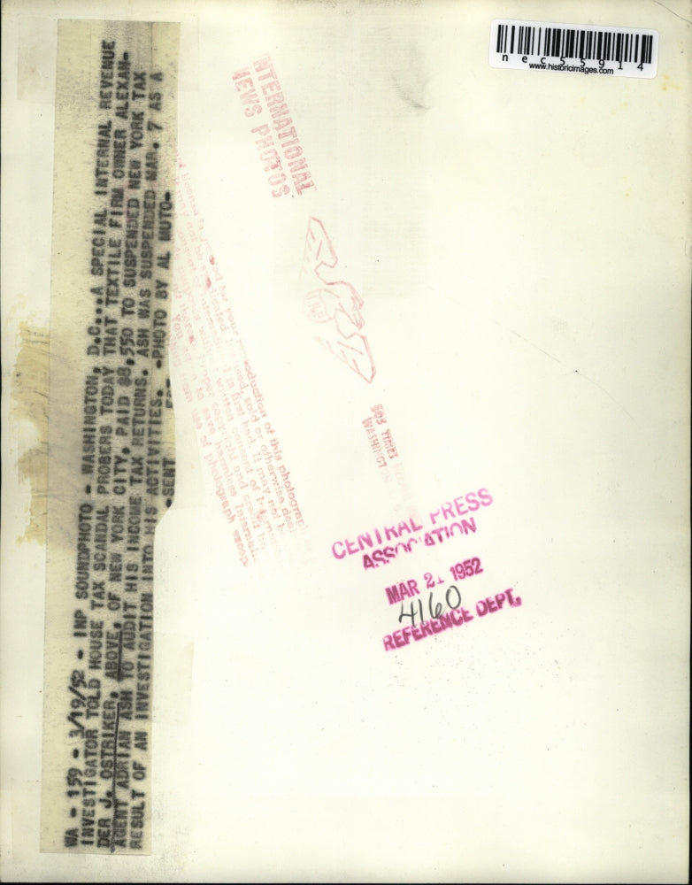 1952 Press Photo Textile firm owner Alexander Oststriker above paid supended