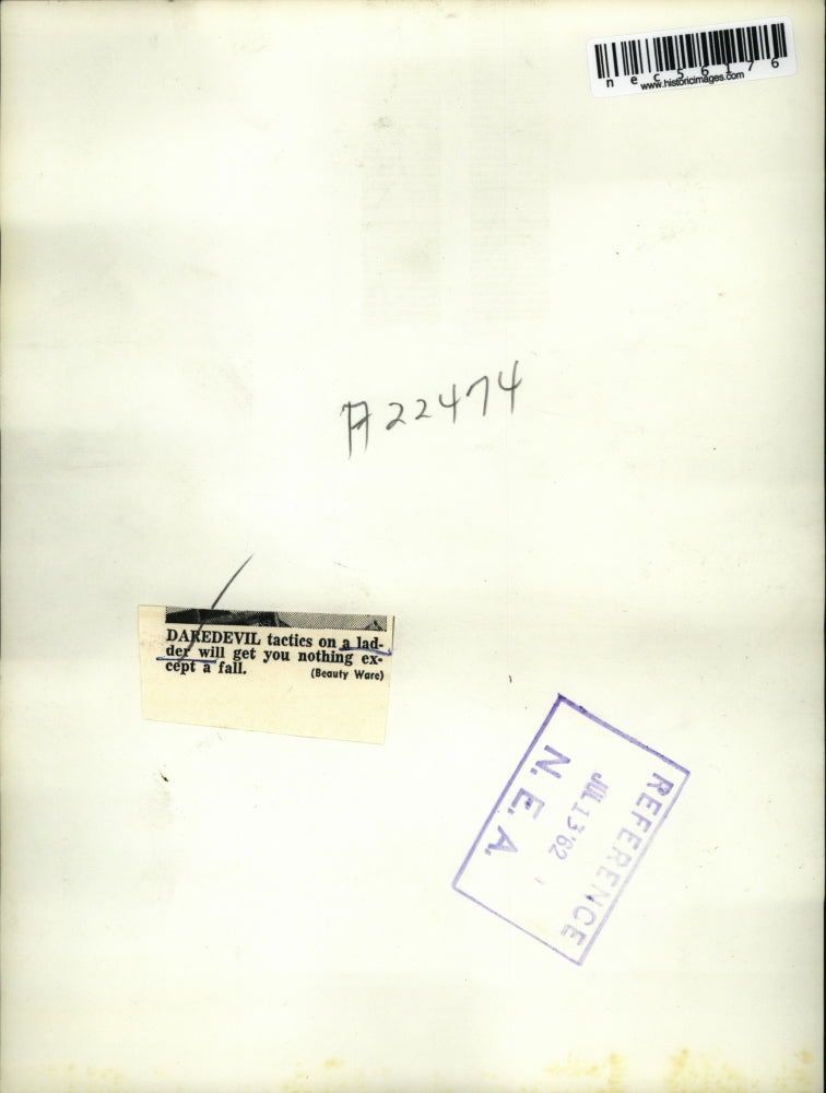 1962 Press Photo Housewife Hangs Curtains On A Ladder Home Decor