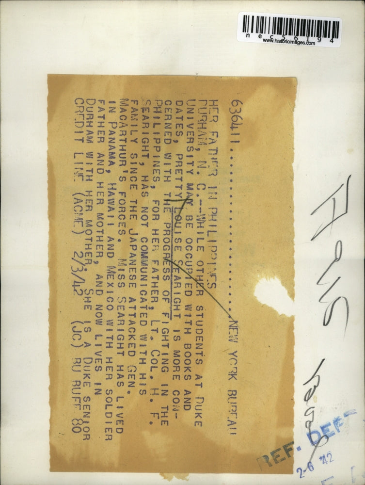 1942 Press Photo Louise Searight, Daughter of Soldier in Phillipines