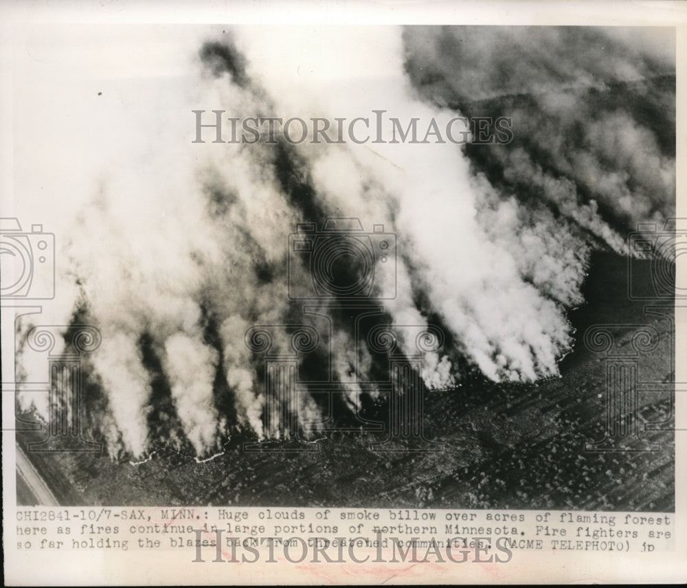 1948 Press Photo Clouds of Smoke Billow Over Acres of Forest Fire in Sax, MN- Historic Images