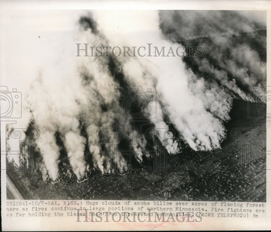 1948 Press Photo Clouds of Smoke Billow Over Acres of Forest Fire in Sax, MN- Historic Images