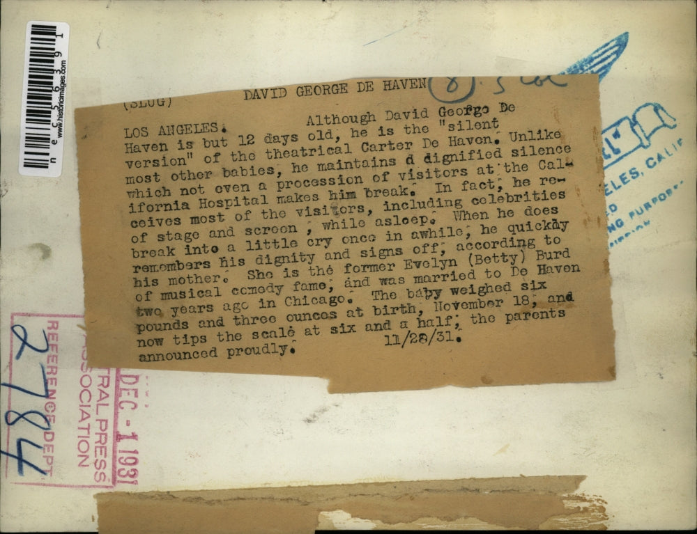 1931 Press Photo Music Comedy star Evelyn Burd and De Haven with their baby.