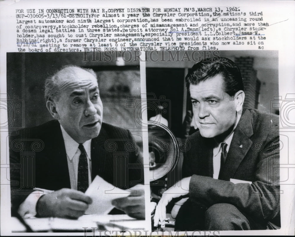 1961 Press Photo Detroit Michigan Chrysler Corporation Sol A Dann James M Robbin