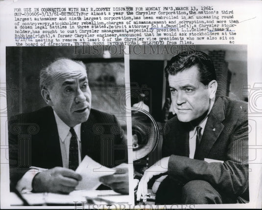 1961 Press Photo Detroit Michigan Chrysler Corporation Sol A Dann James M Robbin