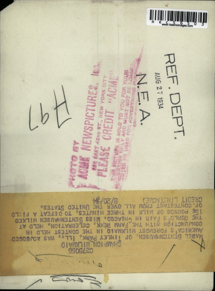 1934 Press Photo Mabel Bentenhausen Adjudged as America's Foremost Milkmaid