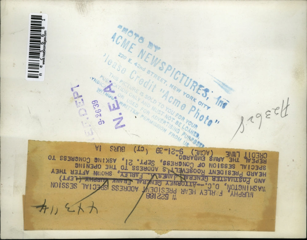 1939 Press Photo Atty General Frank Murphy Postmaster General James A Farley