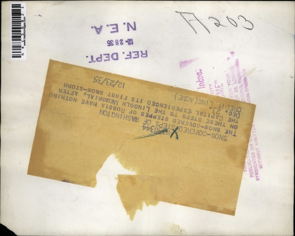 1935 Press Photo Snow covered steps to the Lincoln Memorial after a snow-storm