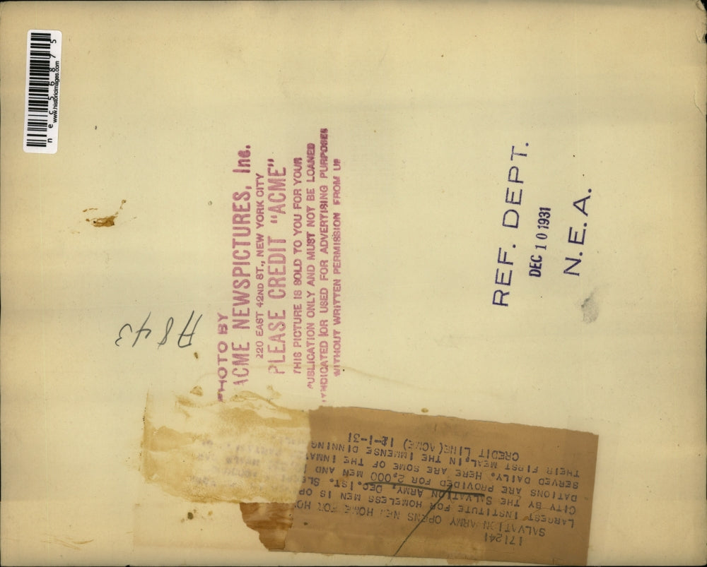 1931 Press Photo Salvation Army Dining Area Serving Homeless Men