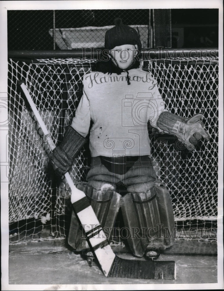 Load image into Gallery viewer, 1956 Press Photo Young Stockholm Sweden Goalie Weighed Down With Equipment
