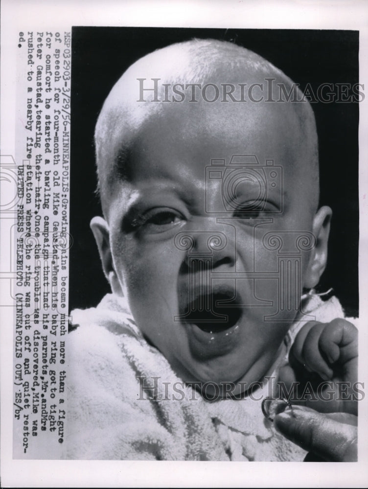 Load image into Gallery viewer, 1956 Press Photo Baby Mike Gaustad Cried When Baby Ring Would Not Come Off
