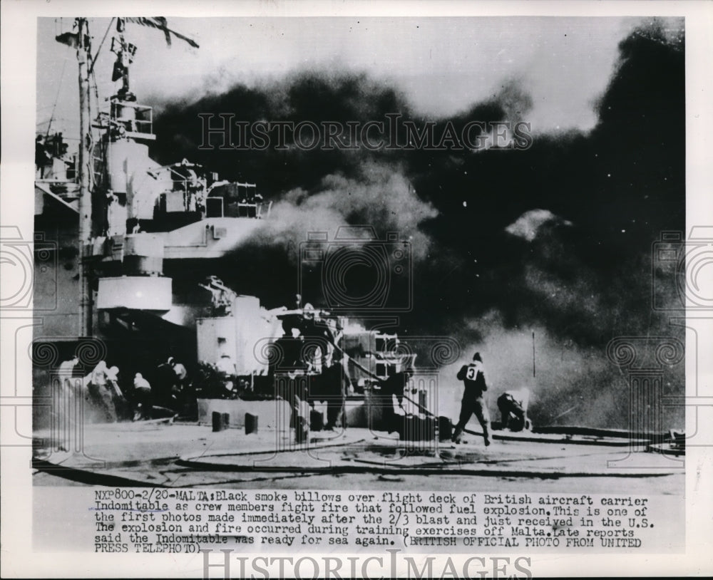 1953 Press Photo Crashed British Aircraft Carrier Wreck Smoking Flames In Malta