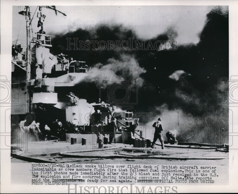 Load image into Gallery viewer, 1953 Press Photo Crashed British Aircraft Carrier Wreck Smoking Flames In Malta
