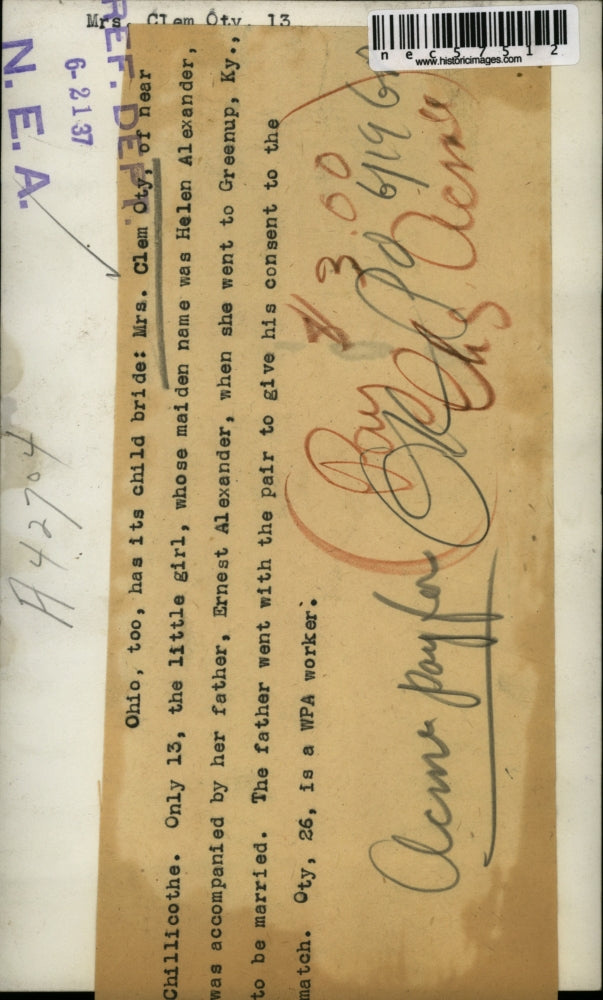 1937 Press Photo Mrs. Clem Oty when to Greenup, Ky to be married