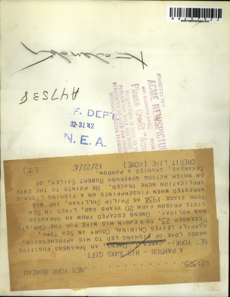 1942 Press Photo James Owens Arkansan Fugitive granted a pardon by Gov. Bailey.